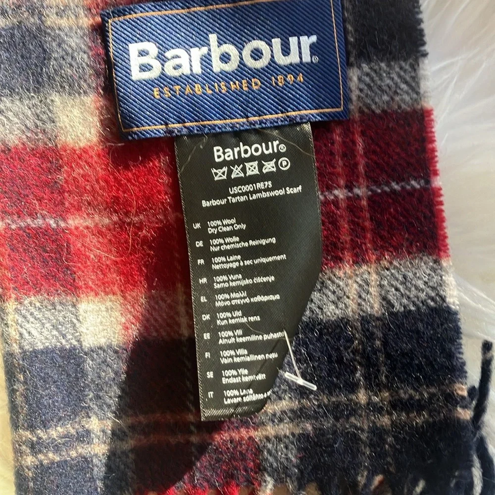 Barbour Red and Navy Plaid Tartan lambswool Fringe Scarf
